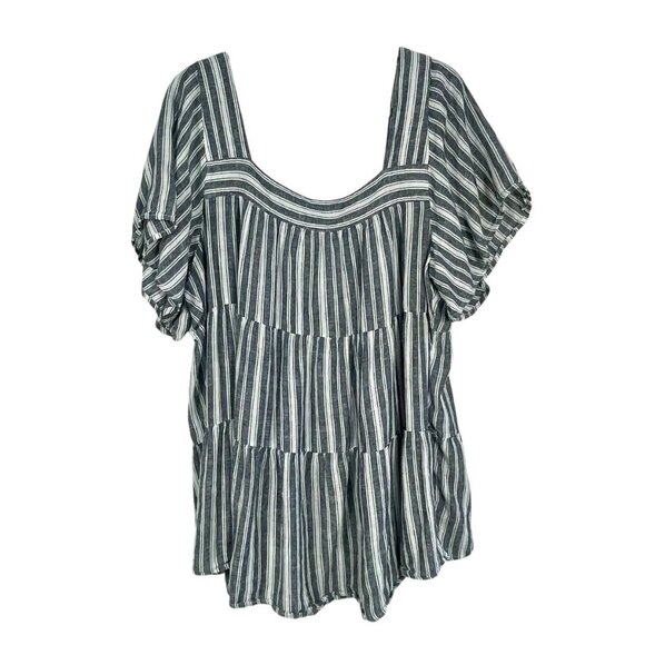 Terra & Sky Linen Blend Blue & White Stripe Square Neck Tiered Boho Tunic Sz 1X - Picture 3 of 11